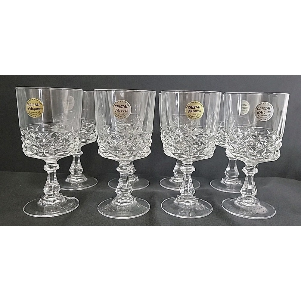 Vintage Cristal d'Arques Durand Crystal Wine Glasses (8), Diamond Pattern, 5.25"